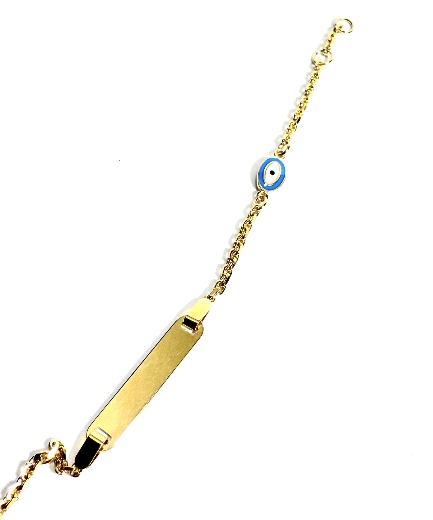 14K Solid Gold Cable Chain ID Bracelet with Blue Evil Eye (Free Engraving)