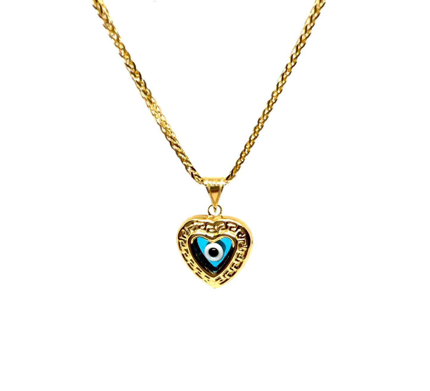 14K Solid Gold Puffy Heart with Evil Eye Pendant