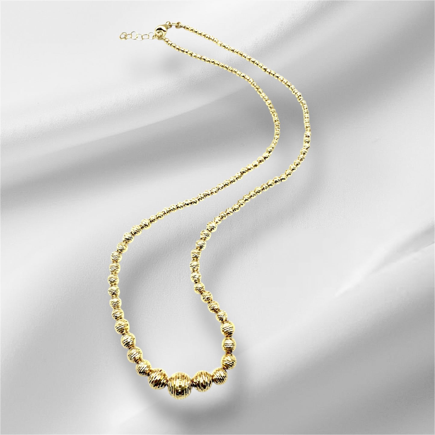 14K Solid Gold Beaded Diamond Cut Necklace