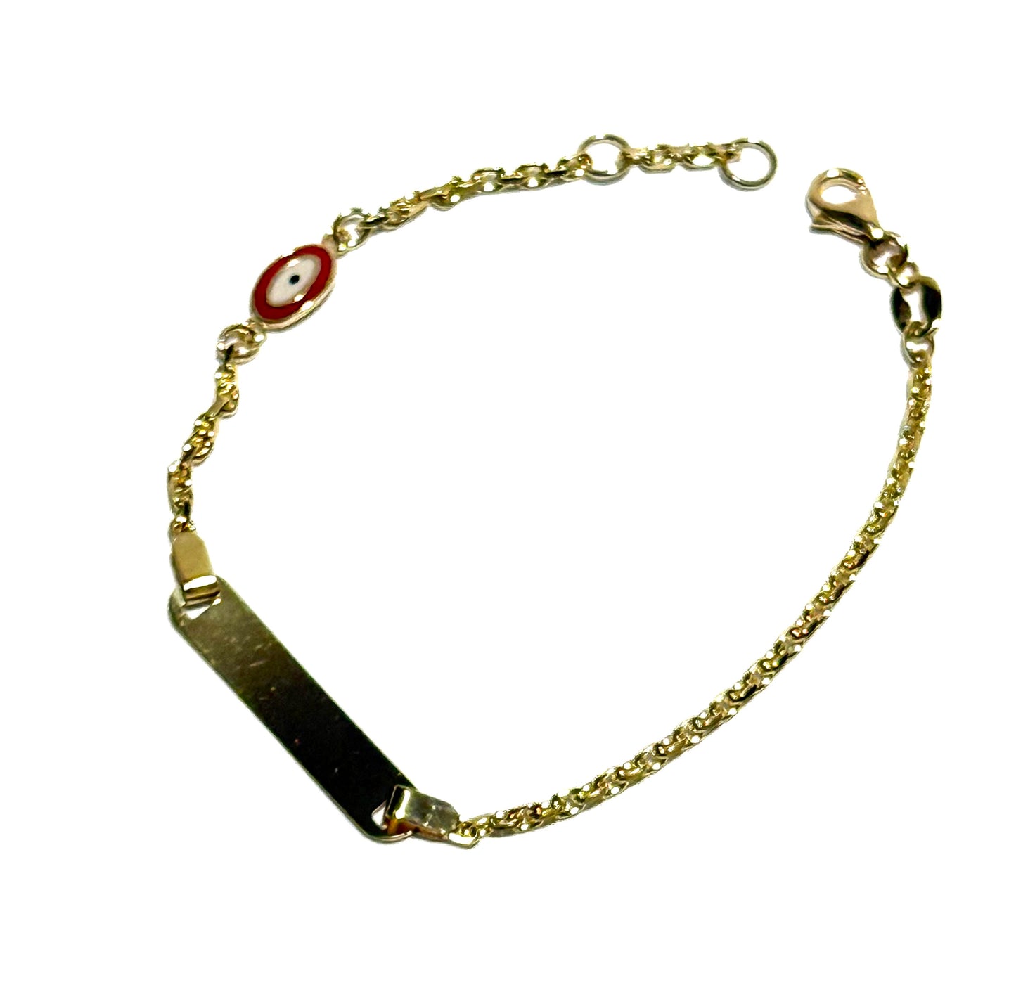 14K Solid Gold Cable Chain ID Bracelet with Red Evil Eye Accent (Free Engraving)
