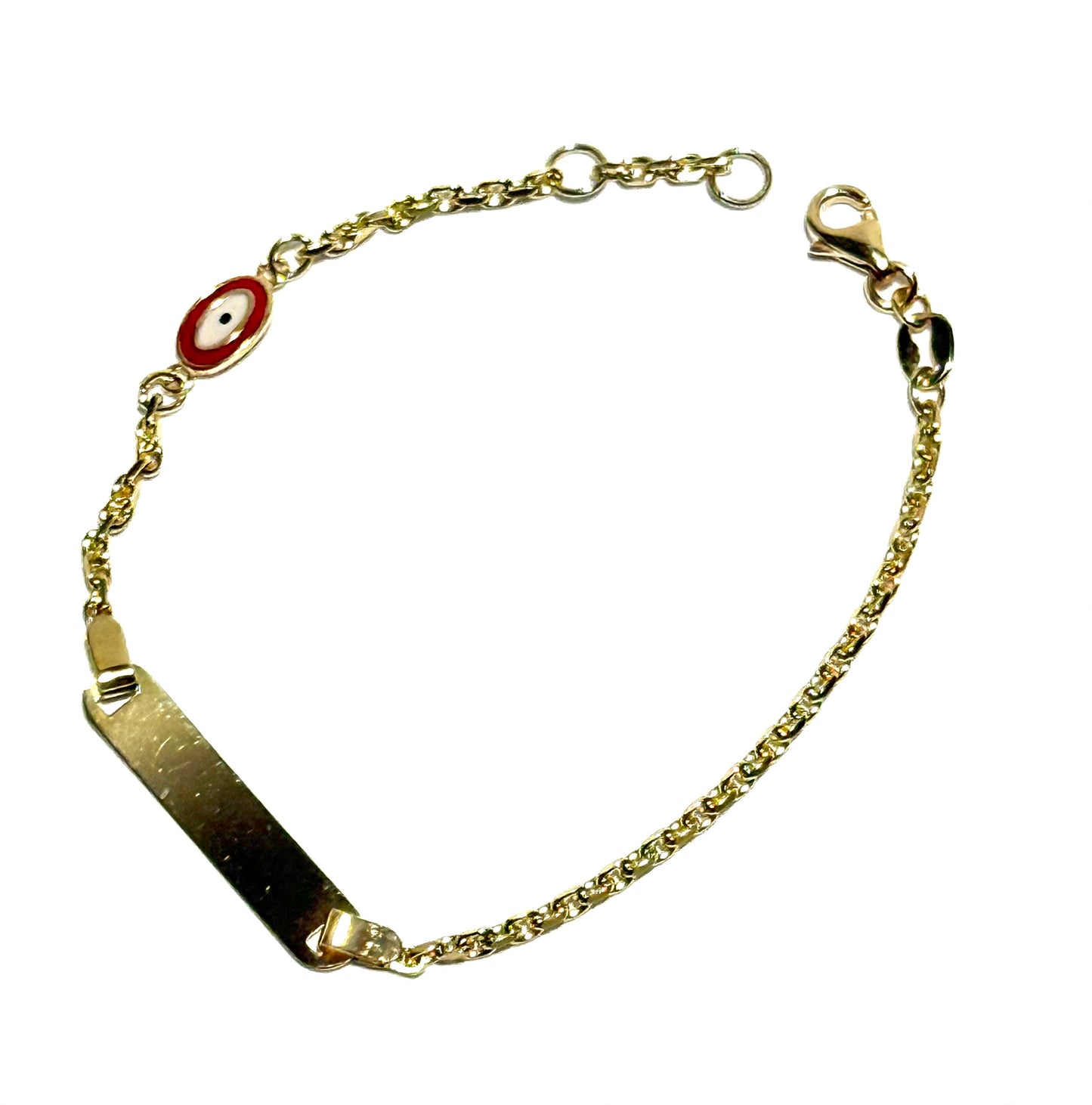 14K Solid Gold Cable Chain ID Bracelet with Red Evil Eye Accent (Free Engraving)