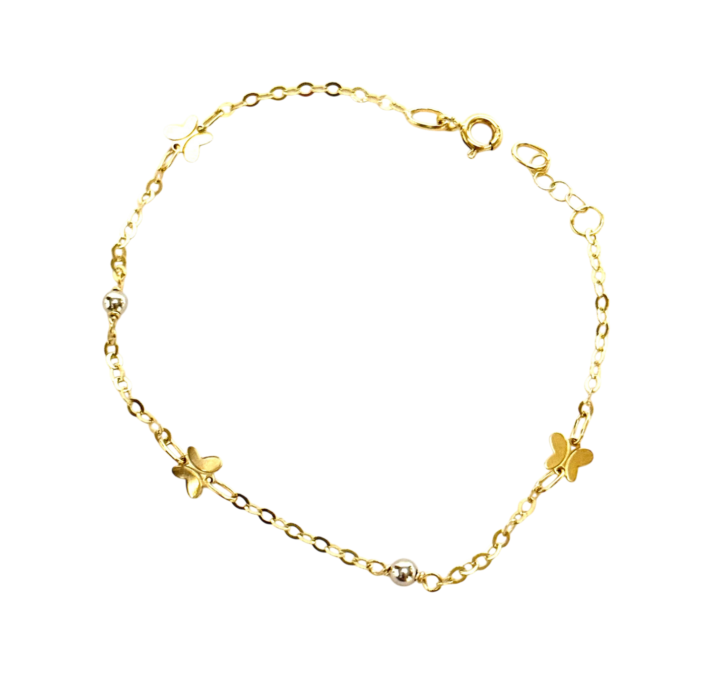 14K Solid Gold Cable Chain with Butterfly and White Beads Accent