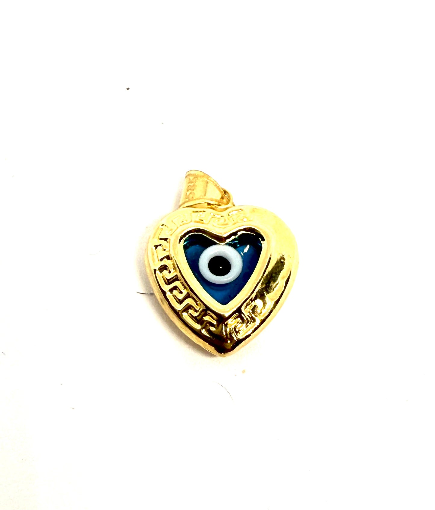 14K Solid Gold Puffy Heart with Evil Eye Pendant