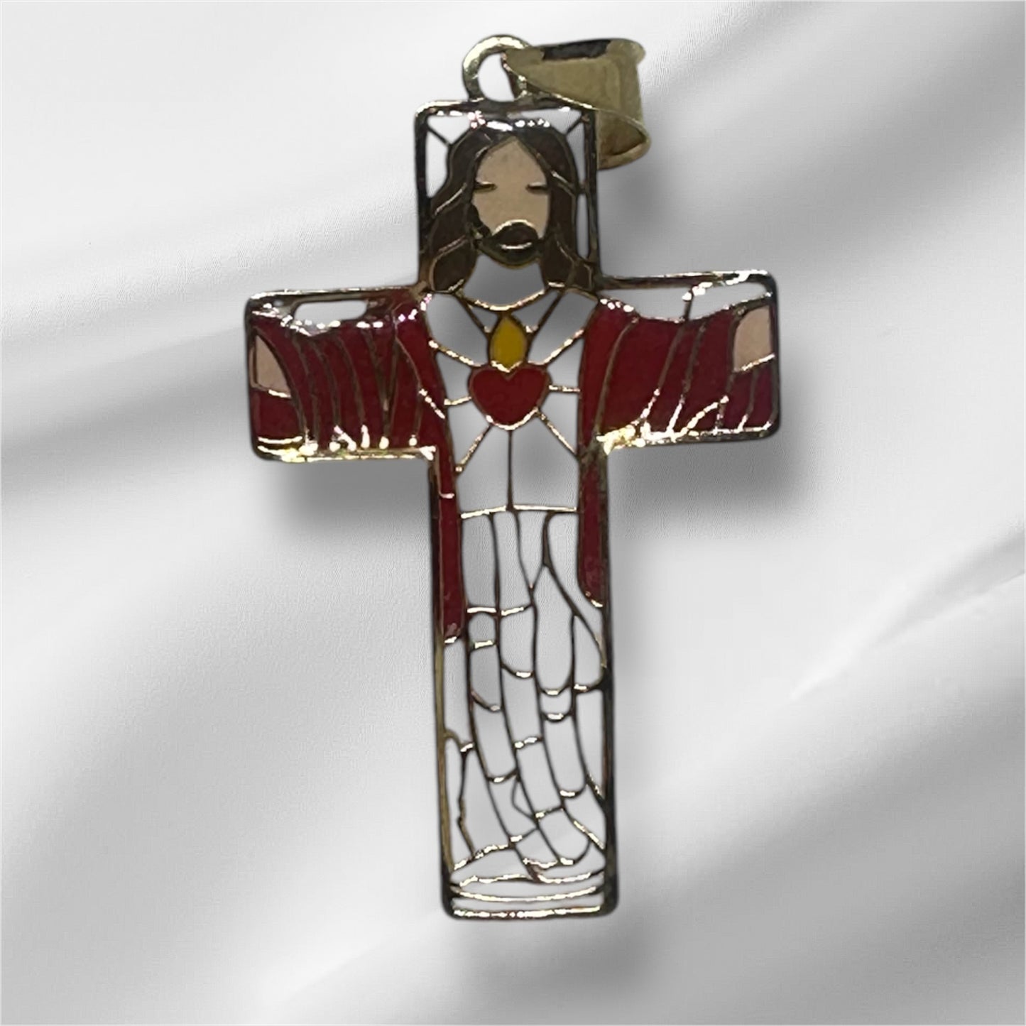 14K Solid Gold Enamel Sacred Heart Pendant