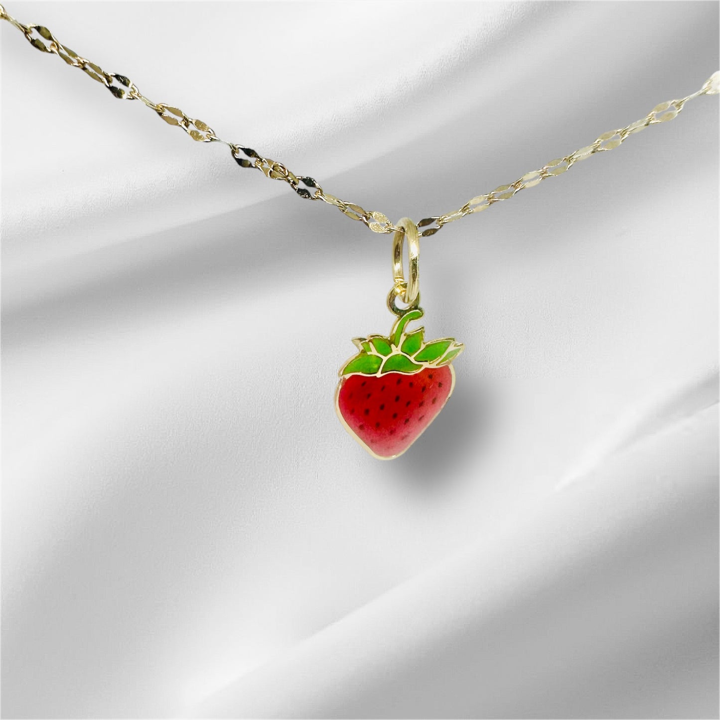14K Solid Gold Enameled Strawberry Pendant