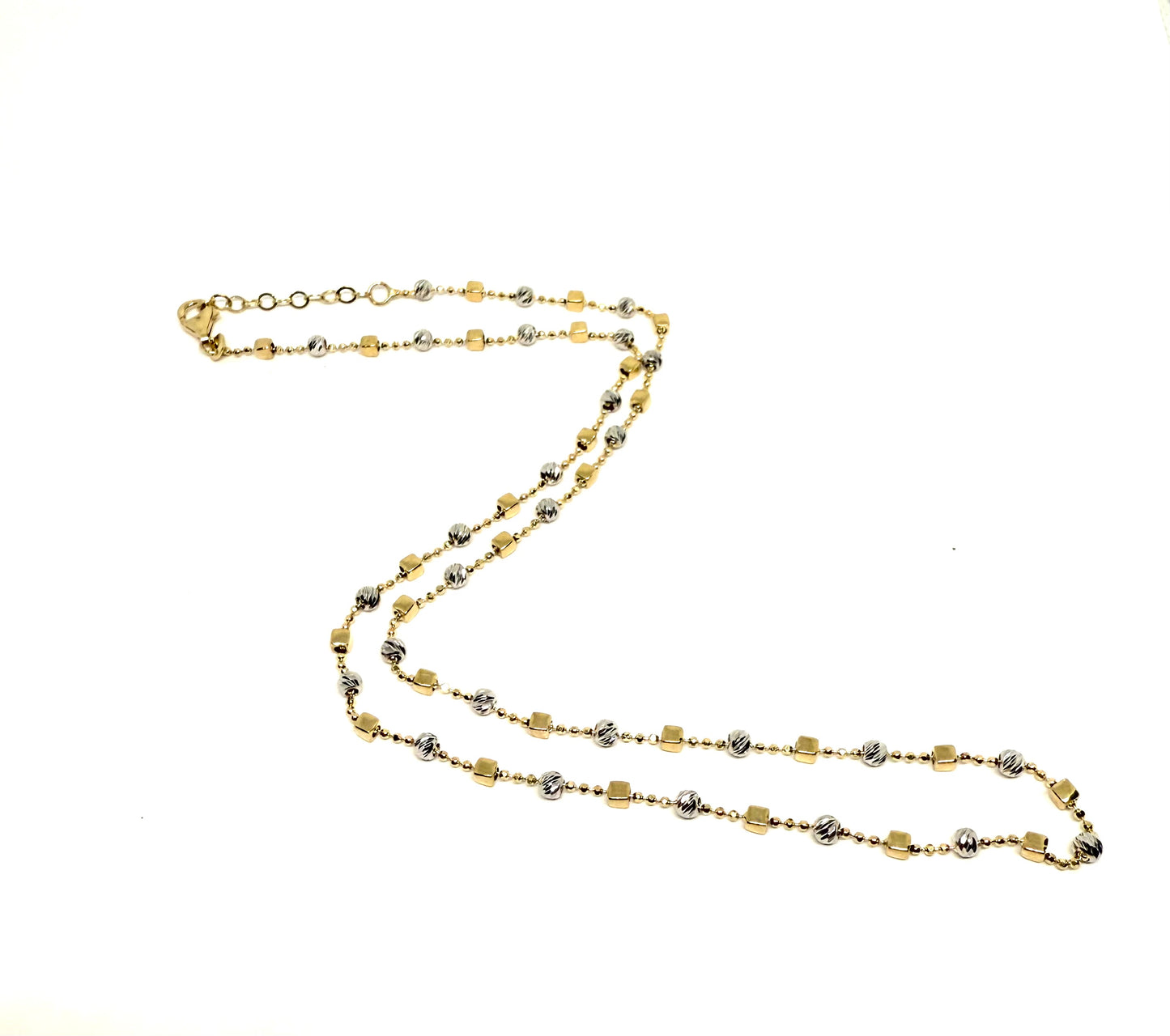14K Solid Gold Ball Chain with Beads and Cubes Necklace