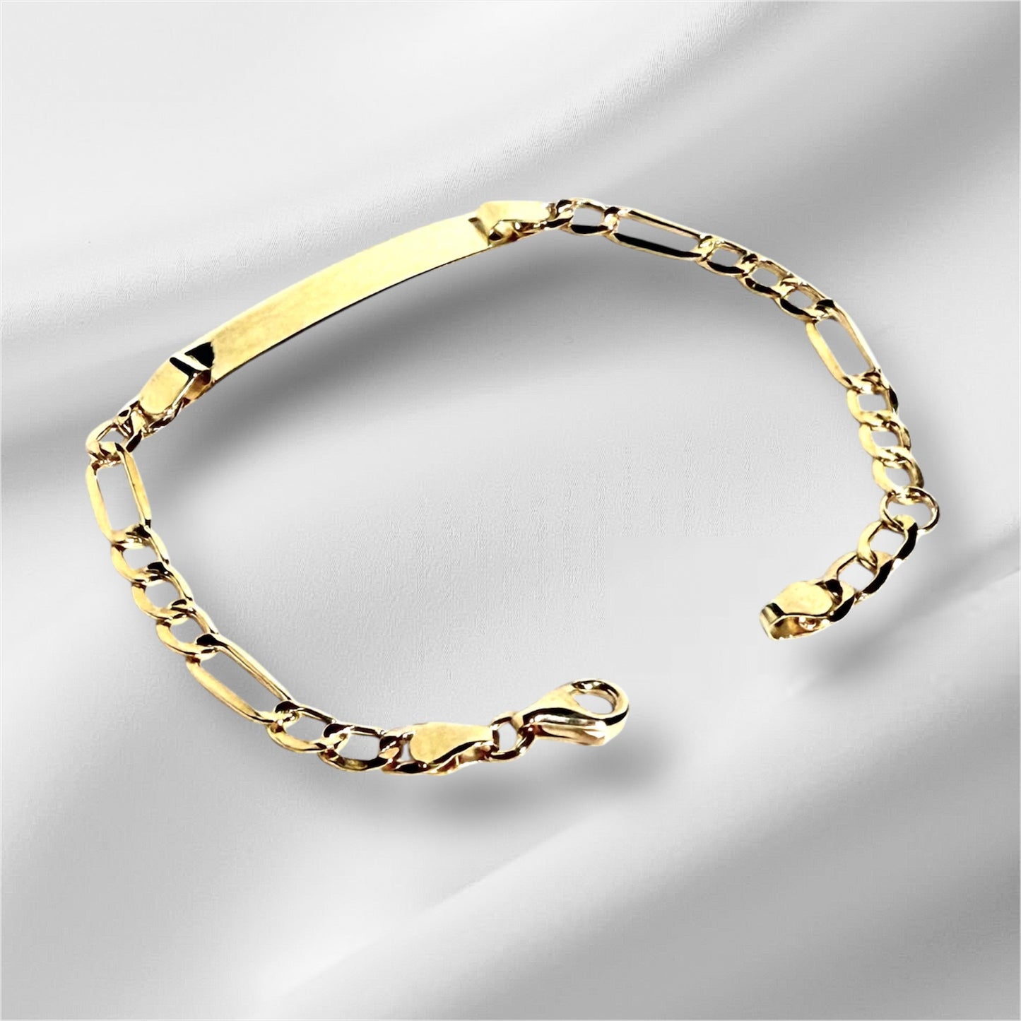 14K Solid Gold Flat Figaro Chain ID Bracelet (Free Engraving)