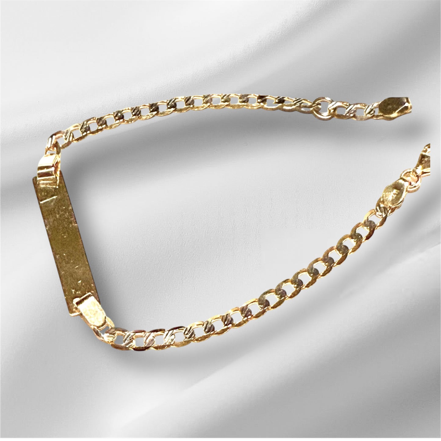 14K Solid Gold Two Tone Flat Cuban Link Chain ID Bracelet
