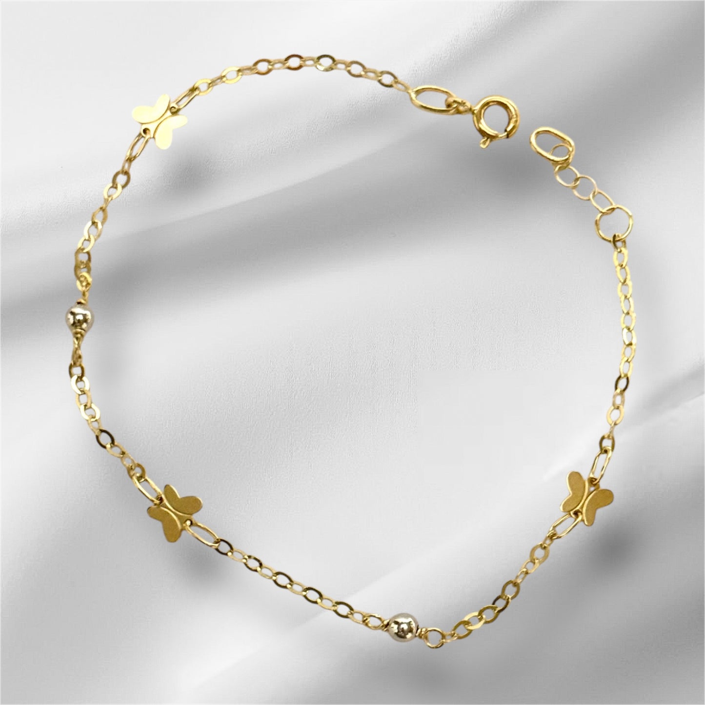 14K Solid Gold Cable Chain with Butterfly and White Beads Accent