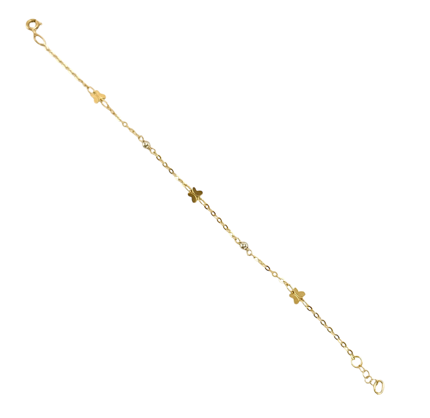 14K Solid Gold Cable Chain with Butterfly and White Gold Beads Accents