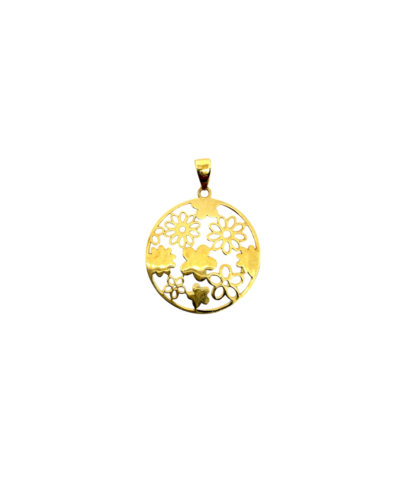 14K Solid Gold Circular Floral Pendant