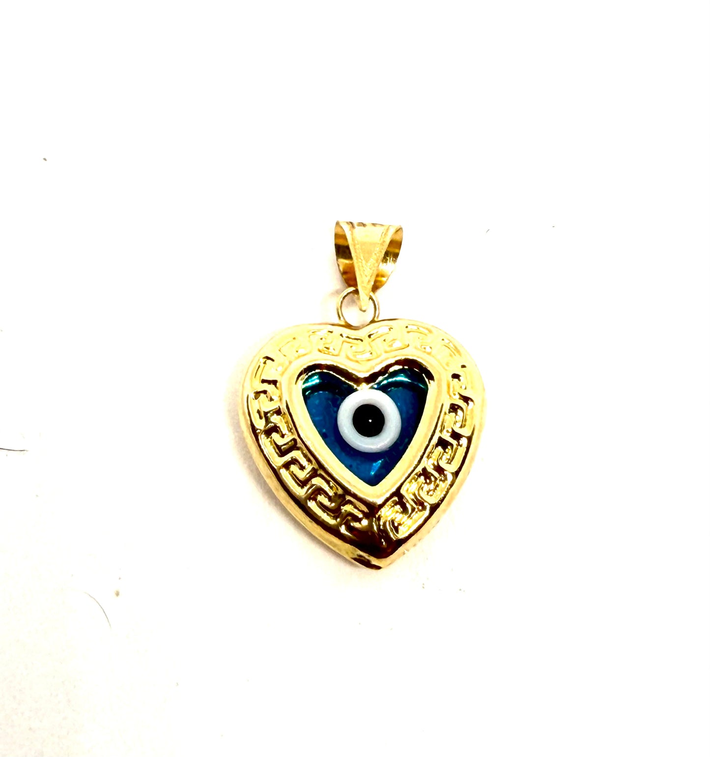 14K Solid Gold Puffy Heart with Evil Eye Pendant