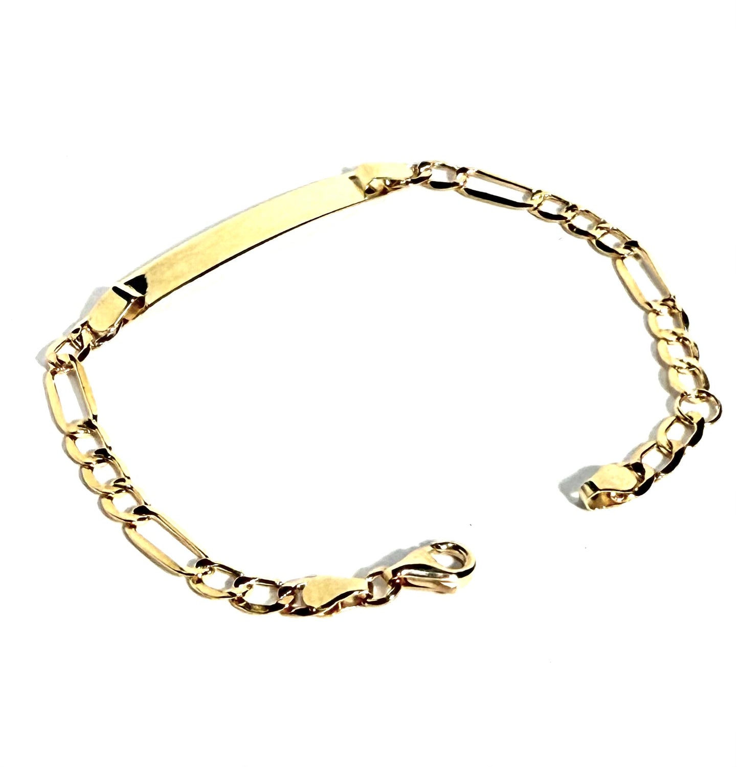 14K Solid Gold Flat Figaro Chain ID Bracelet (Free Engraving)