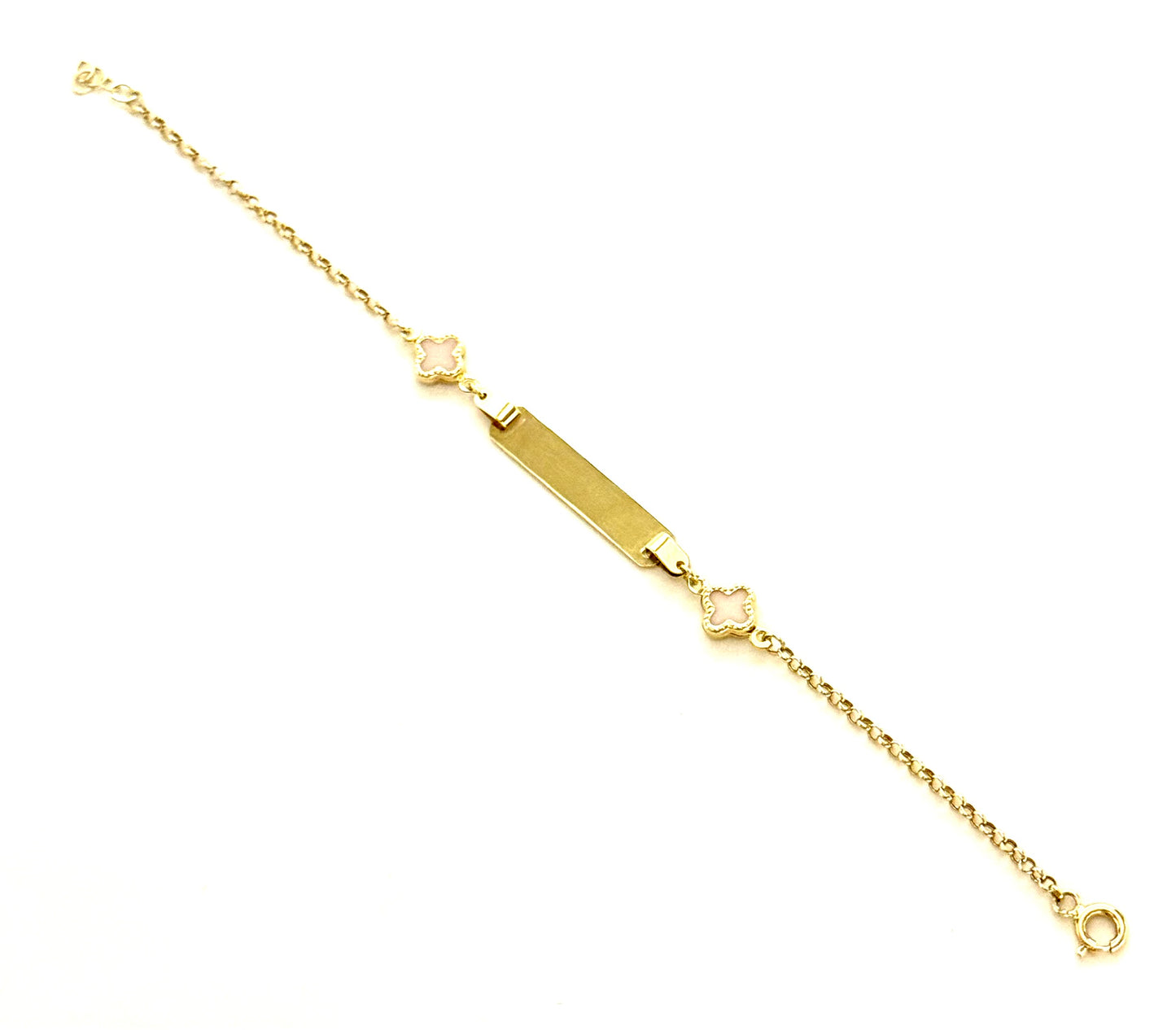 14K Solid Gold Rolo Chain with Four Leaf Clover Accent Baby ID Bracelet (Free Engraving)