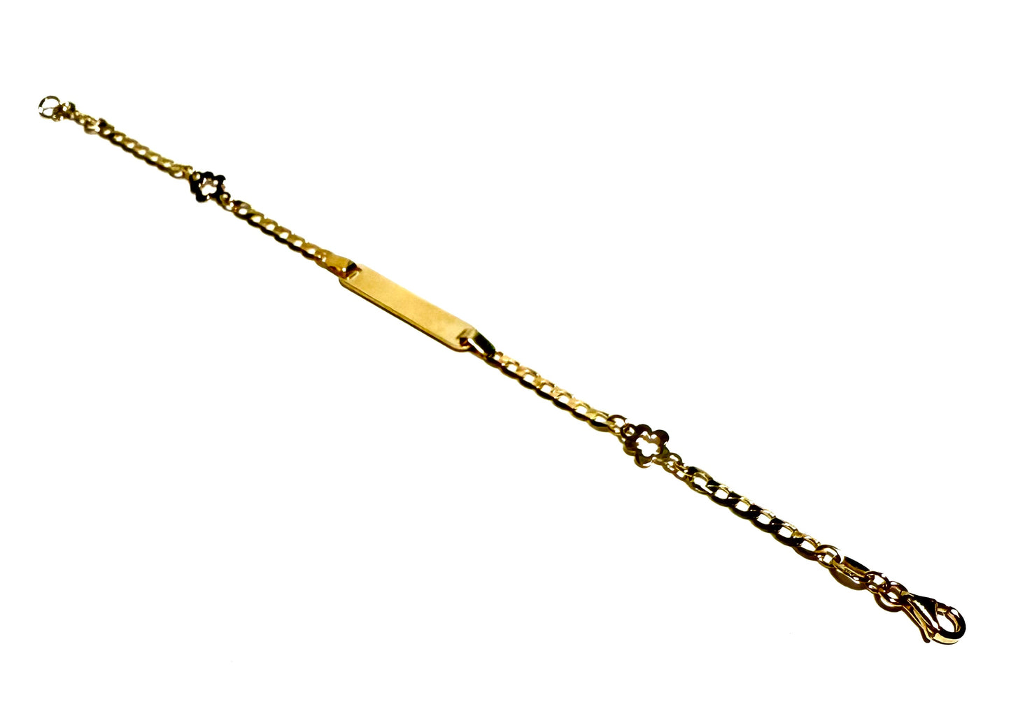 14K Solid Gold Flat Cuban Link Chan with Flower Outline Accent ID Bracelet (Free Engraving)