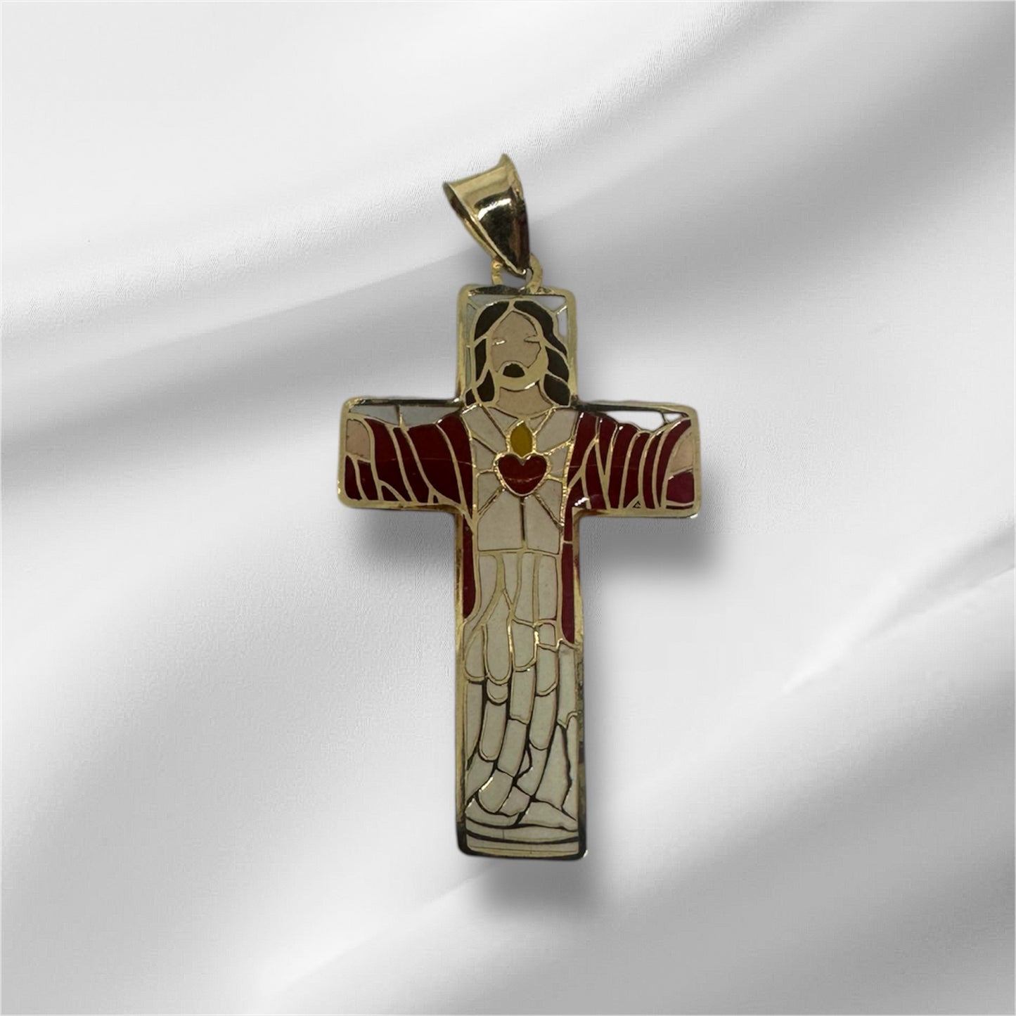 14K Solid Gold Enamel Sacred Heart Pendant
