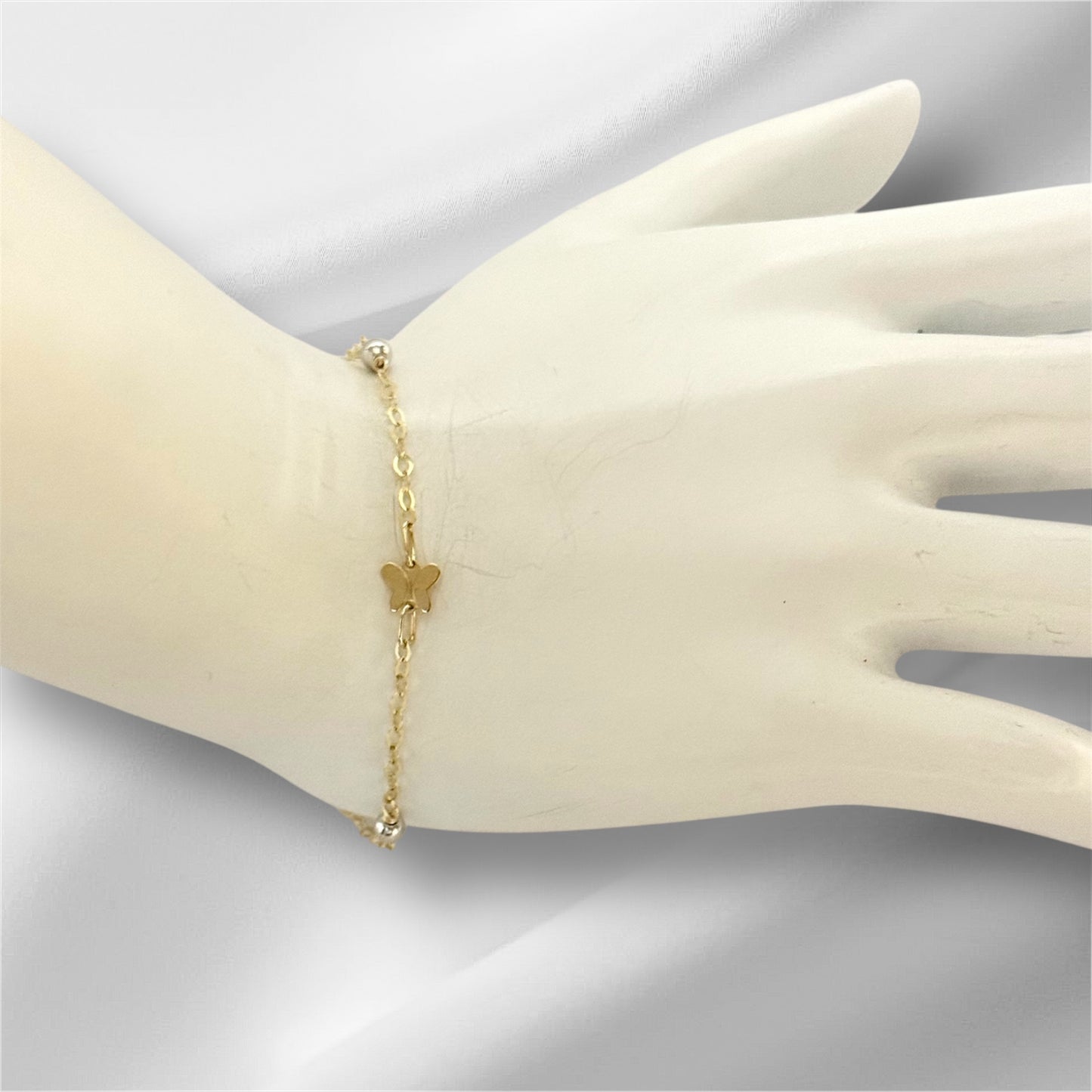 14K Solid Gold Cable Chain with Butterfly and White Gold Beads Accents