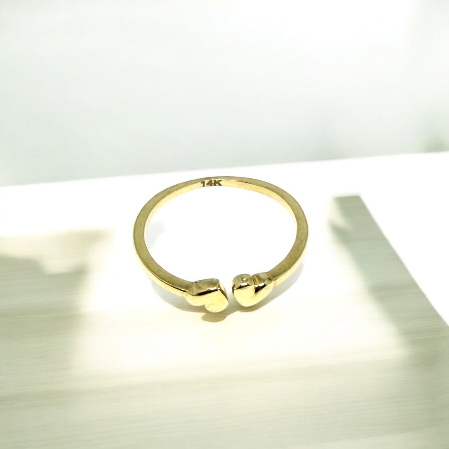 14K Solid Gold Two Puffy Hearts Adjustable Ring