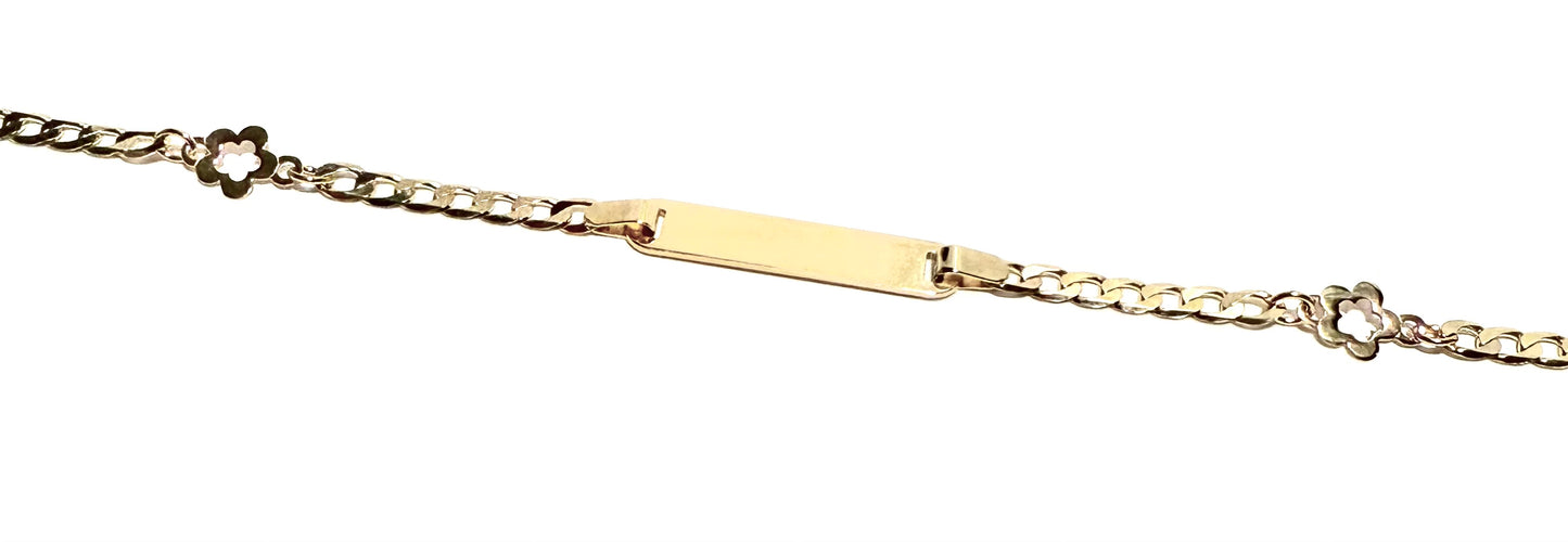 14K Solid Gold Flat Cuban Link Chan with Flower Outline Accent ID Bracelet (Free Engraving)