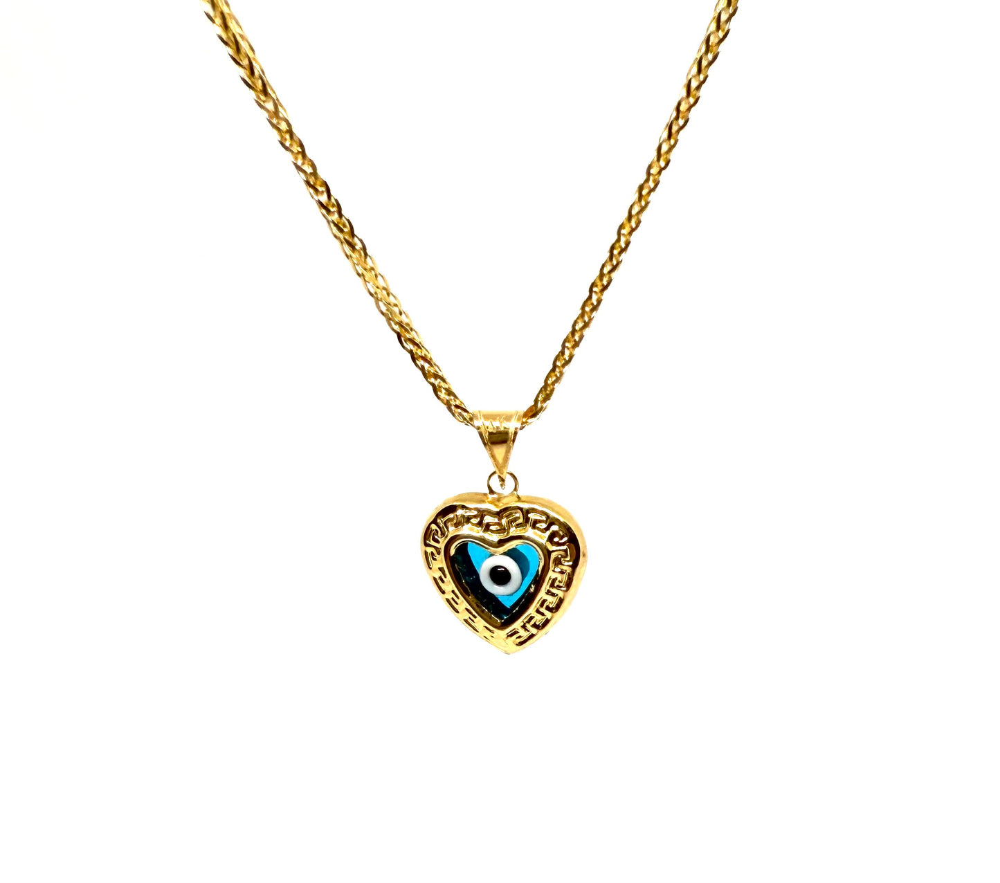 14K Solid Gold Puffy Heart with Evil Eye Pendant
