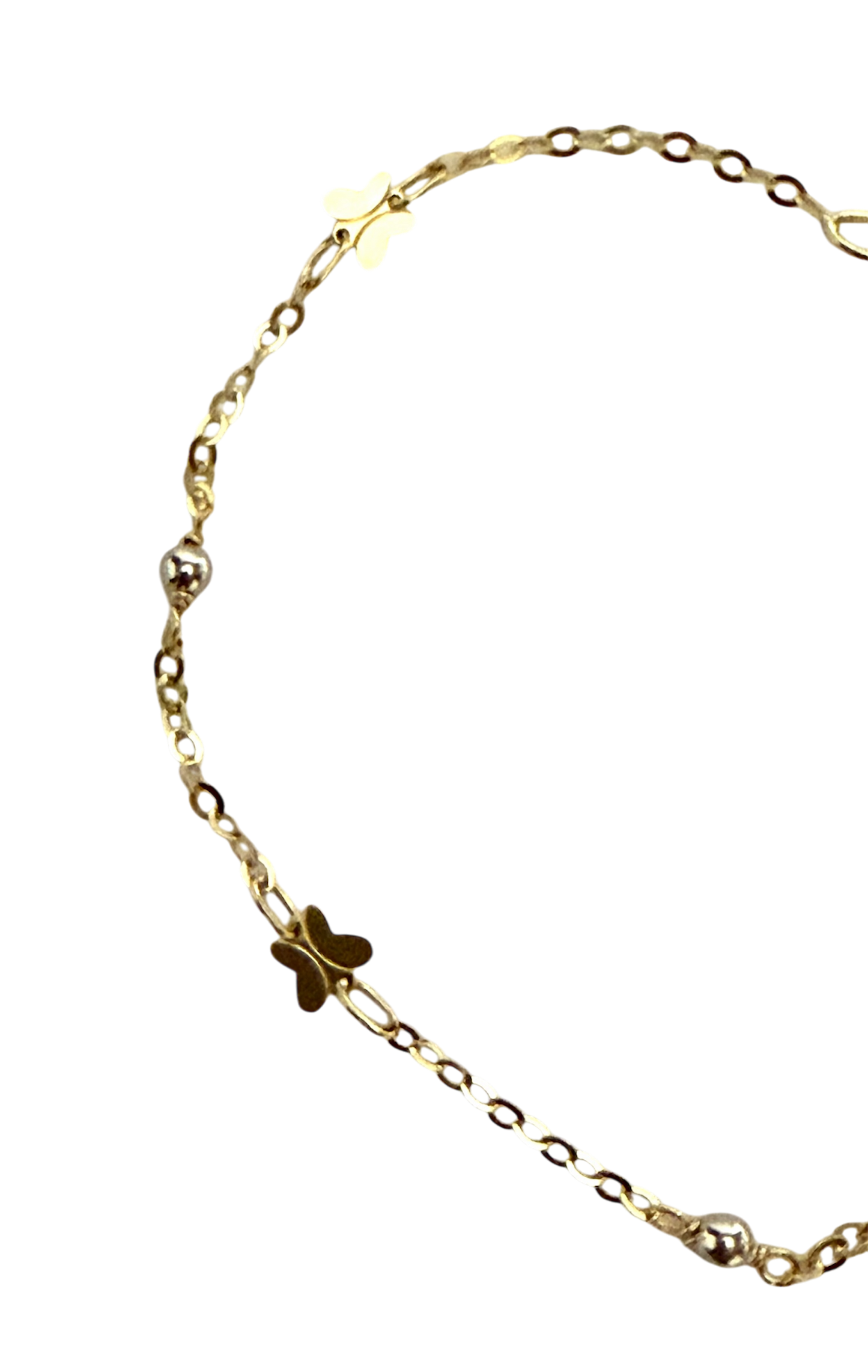 14K Solid Gold Cable Chain with Butterfly and White Beads Accent