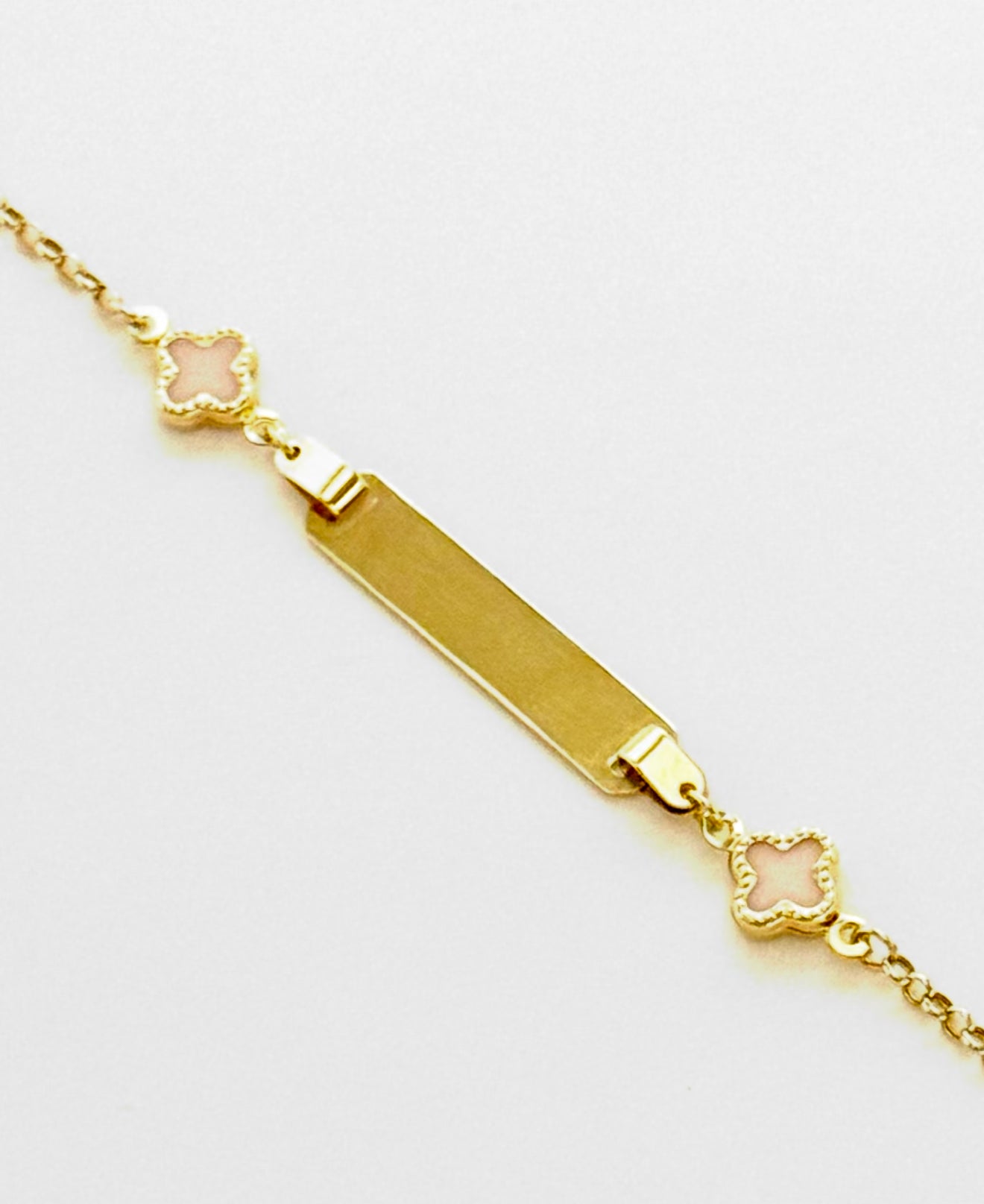 14K Solid Gold Rolo Chain with Four Leaf Clover Accent Baby ID Bracelet (Free Engraving)