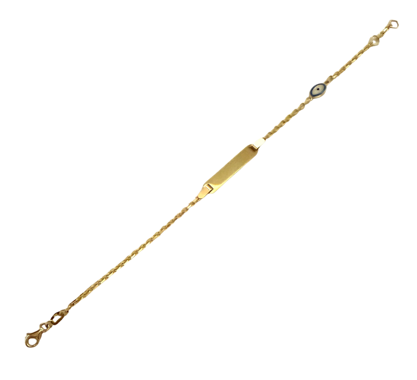 14K Solid Gold Cable Chain ID Bracelet with Blue Evil Eye (Free Engraving)