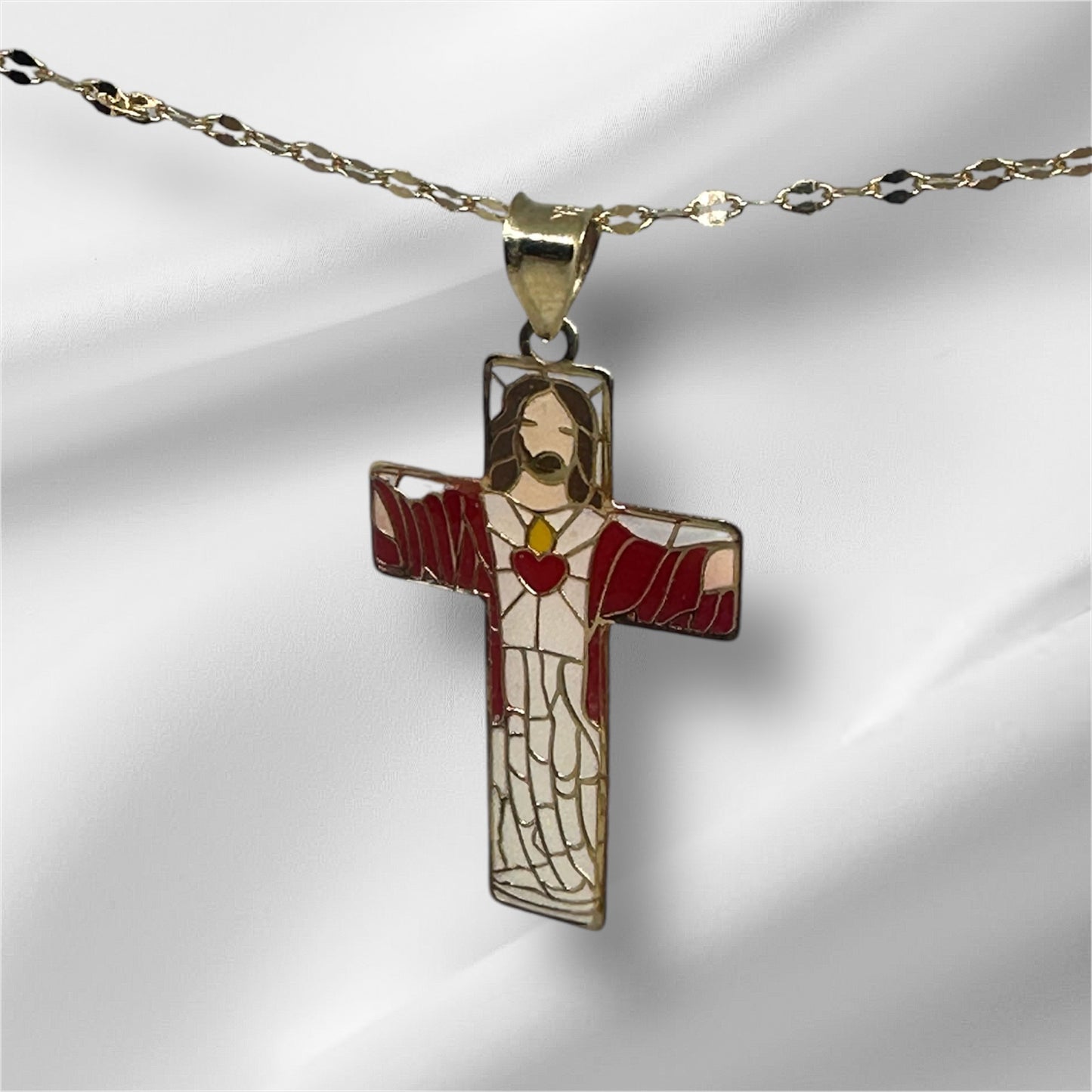 14K Solid Gold Enamel Sacred Heart Pendant