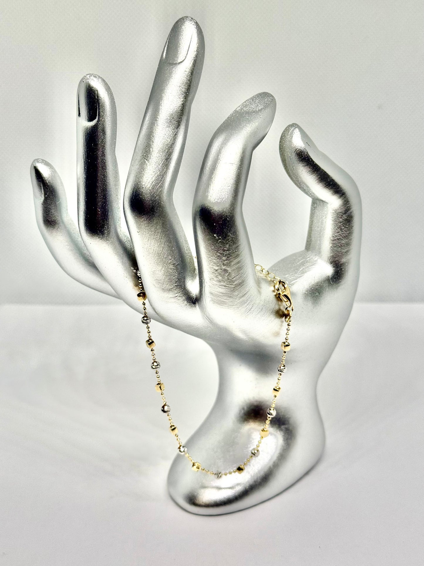 14K Solid Gold Ball Chain with Beads and Cubes Bracelet