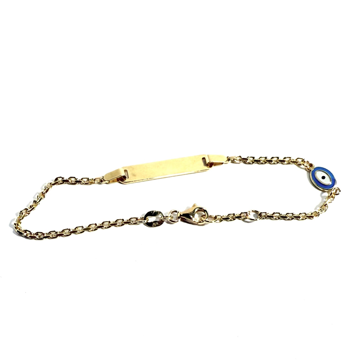 14K Solid Gold Cable Chain ID Bracelet with Blue Evil Eye (Free Engraving)