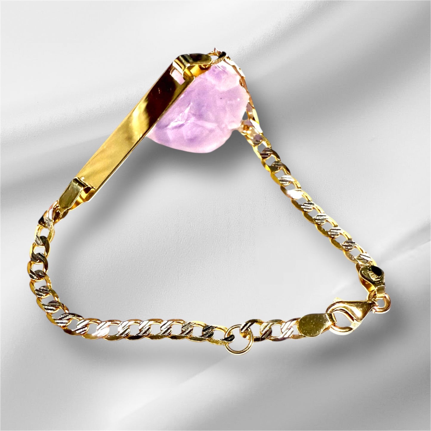 14K Solid Gold Two Tone Flat Cuban Link Chain ID Bracelet