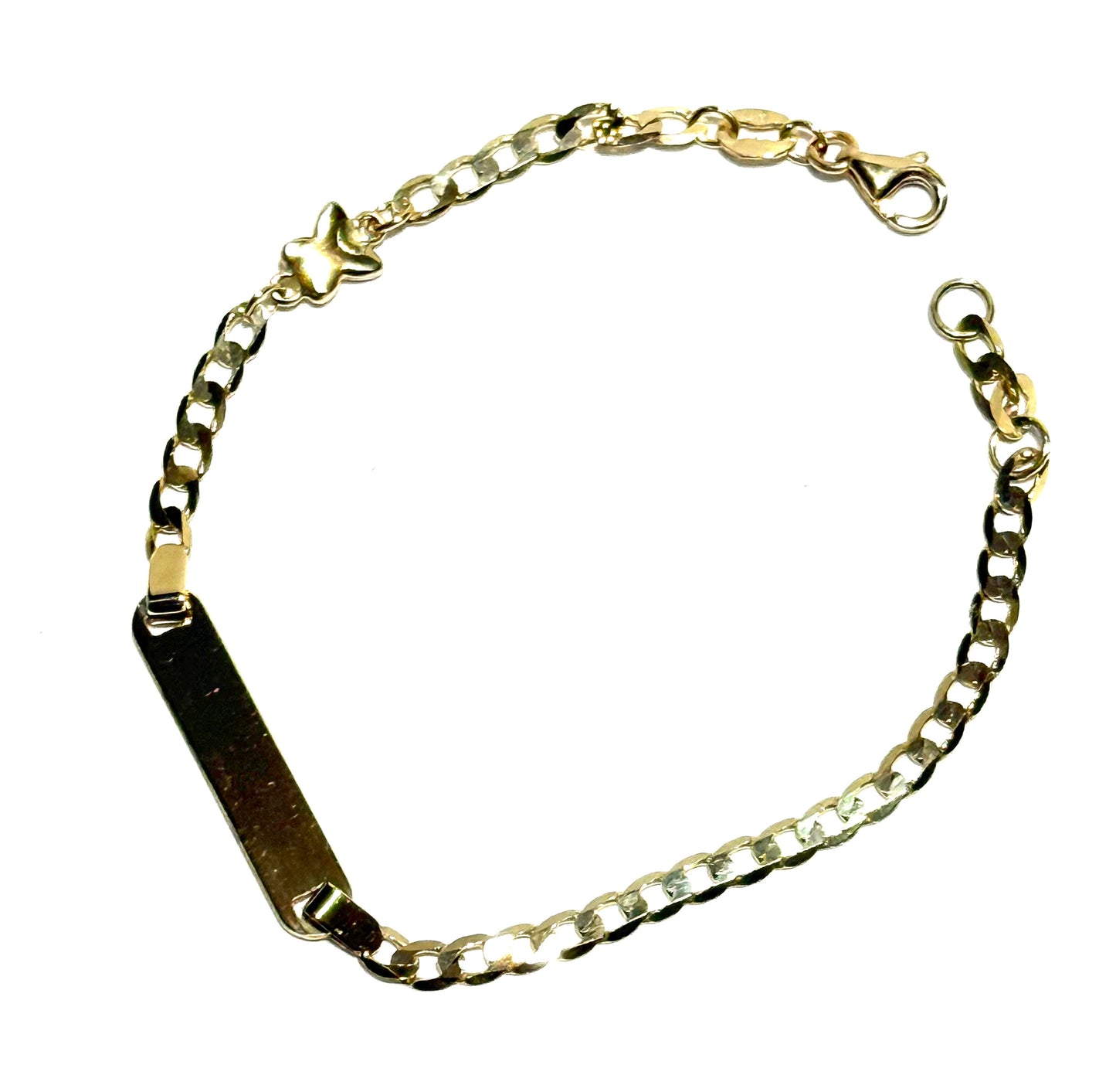 14K Solid Gold Flat Cuban Link Chain with Butterfly Accent ID Bracelet (Free Engraving)