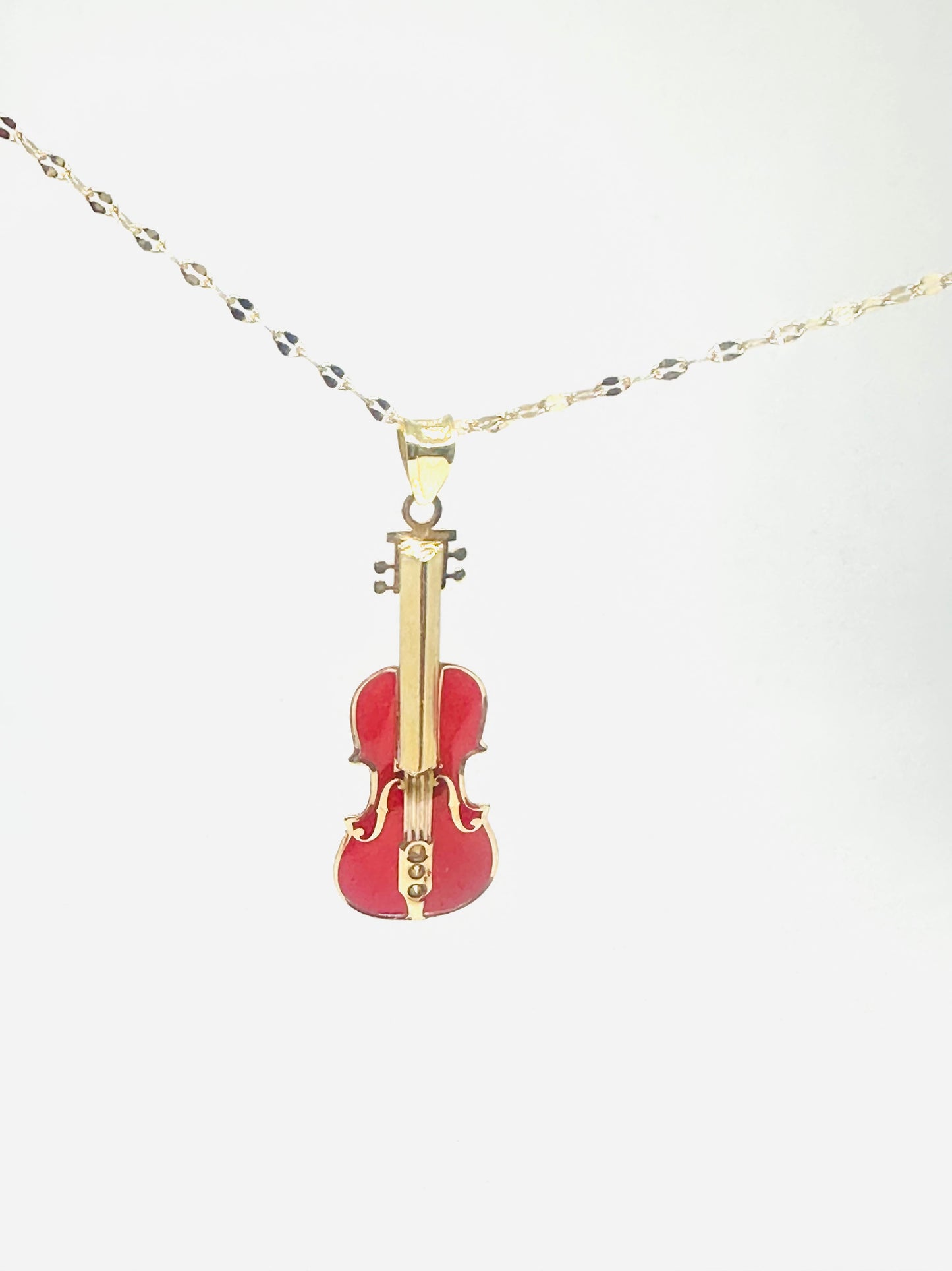 14K Solid Gold Enameled Violin Pendant
