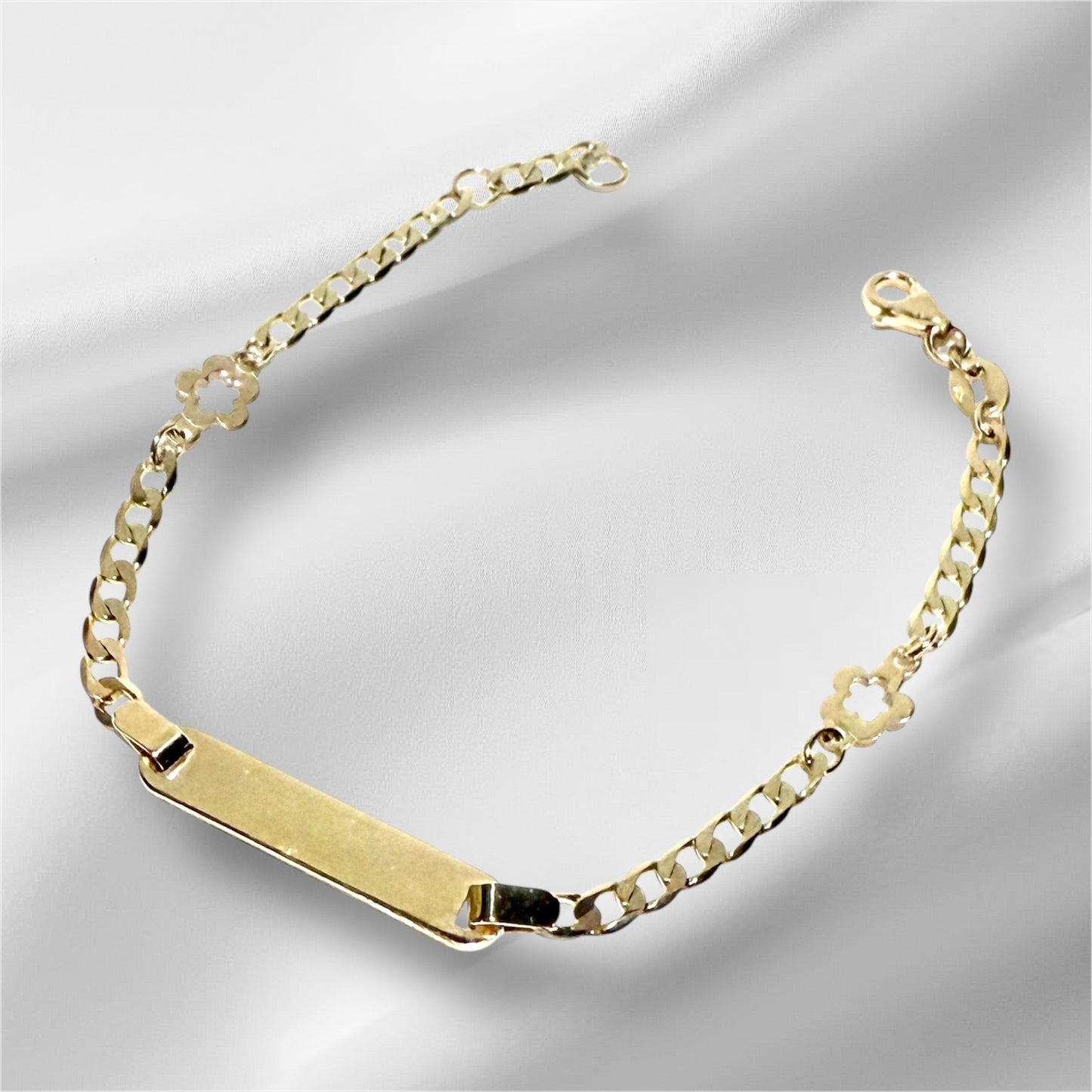 14K Solid Gold Flat Cuban Link Chan with Flower Outline Accent ID Bracelet (Free Engraving)