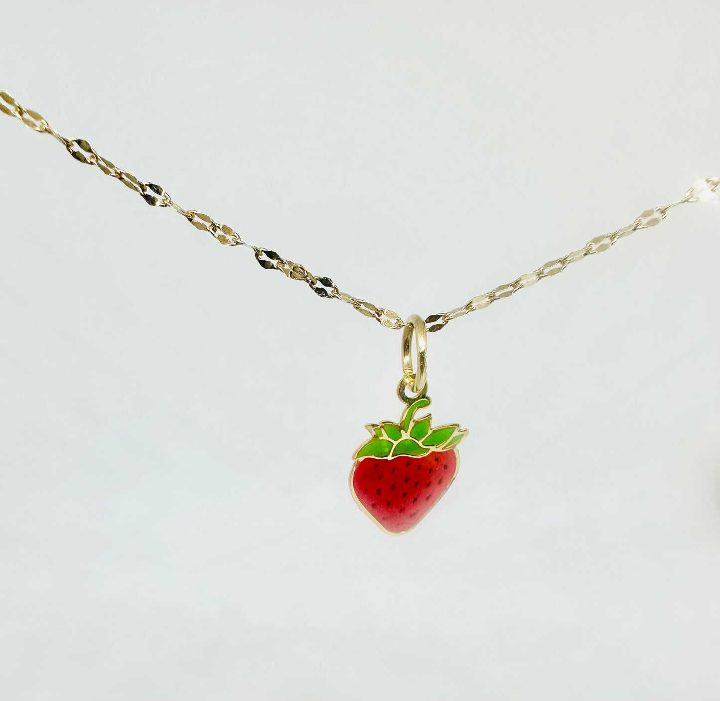 14K Solid Gold Enameled Strawberry Pendant