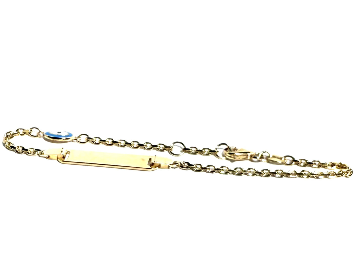 14K Solid Gold Cable Chain ID Bracelet with Blue Evil Eye (Free Engraving)