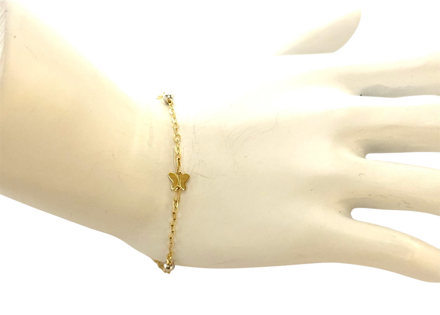 14K Solid Gold Cable Chain with Butterfly and White Beads Accent