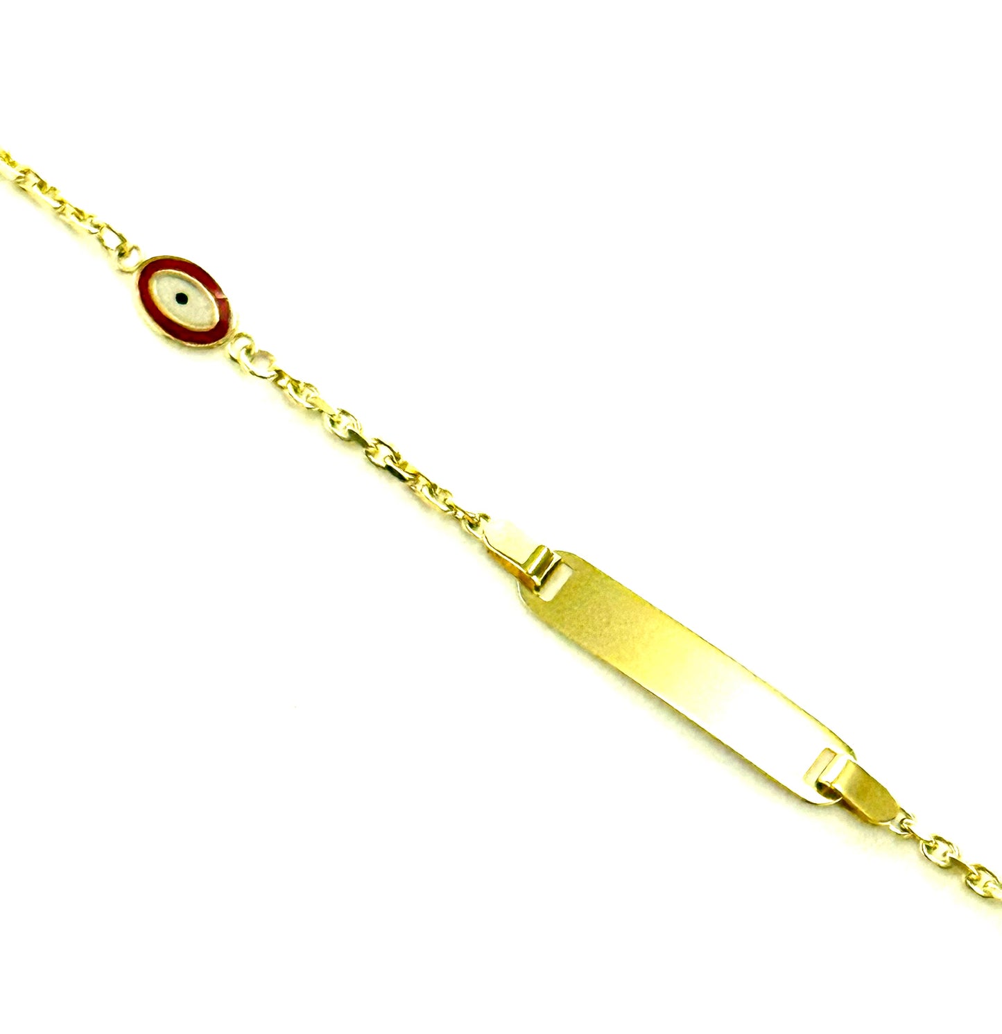 14K Solid Gold Cable Chain ID Bracelet with Red Evil Eye Accent (Free Engraving)