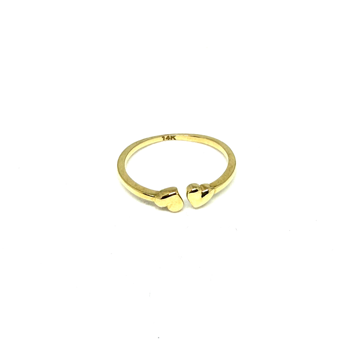 14K Solid Gold Two Puffy Hearts Adjustable Ring