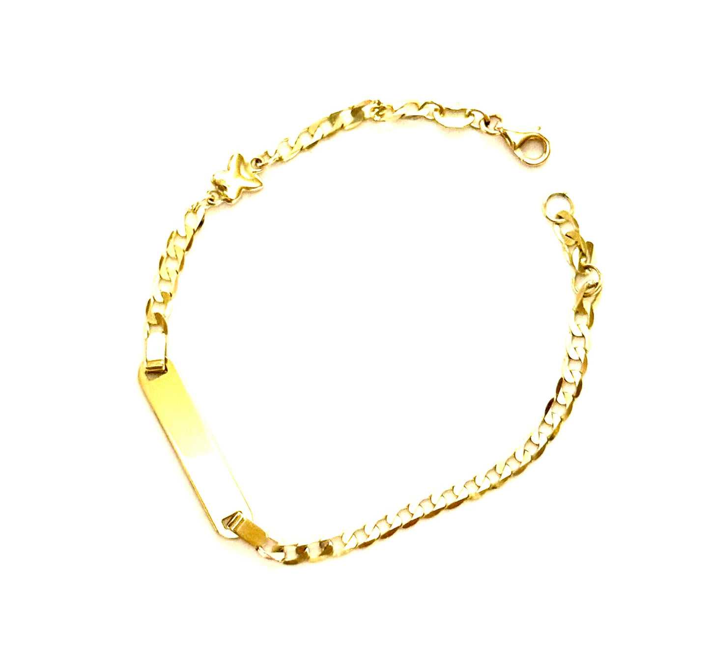 14K Solid Gold Flat Cuban Link Chain with Butterfly Accent ID Bracelet (Free Engraving)