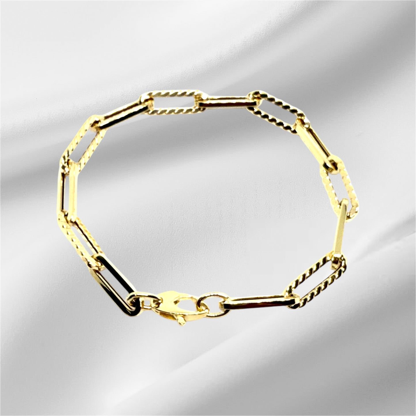 14K Solid Gold Paper Clip Chain Bracelet with Textured Links