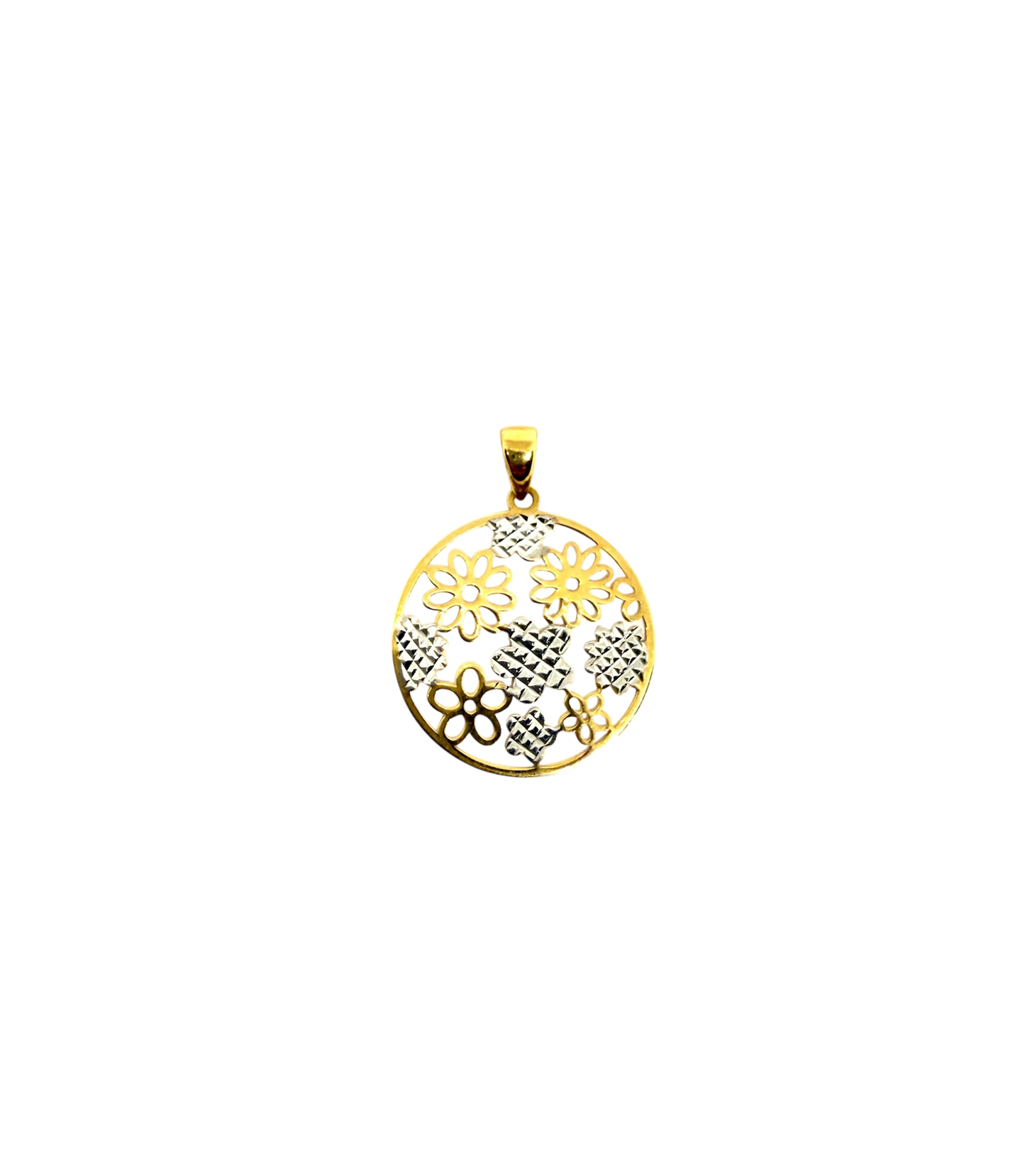 14K Solid Gold Circular Floral Pendant