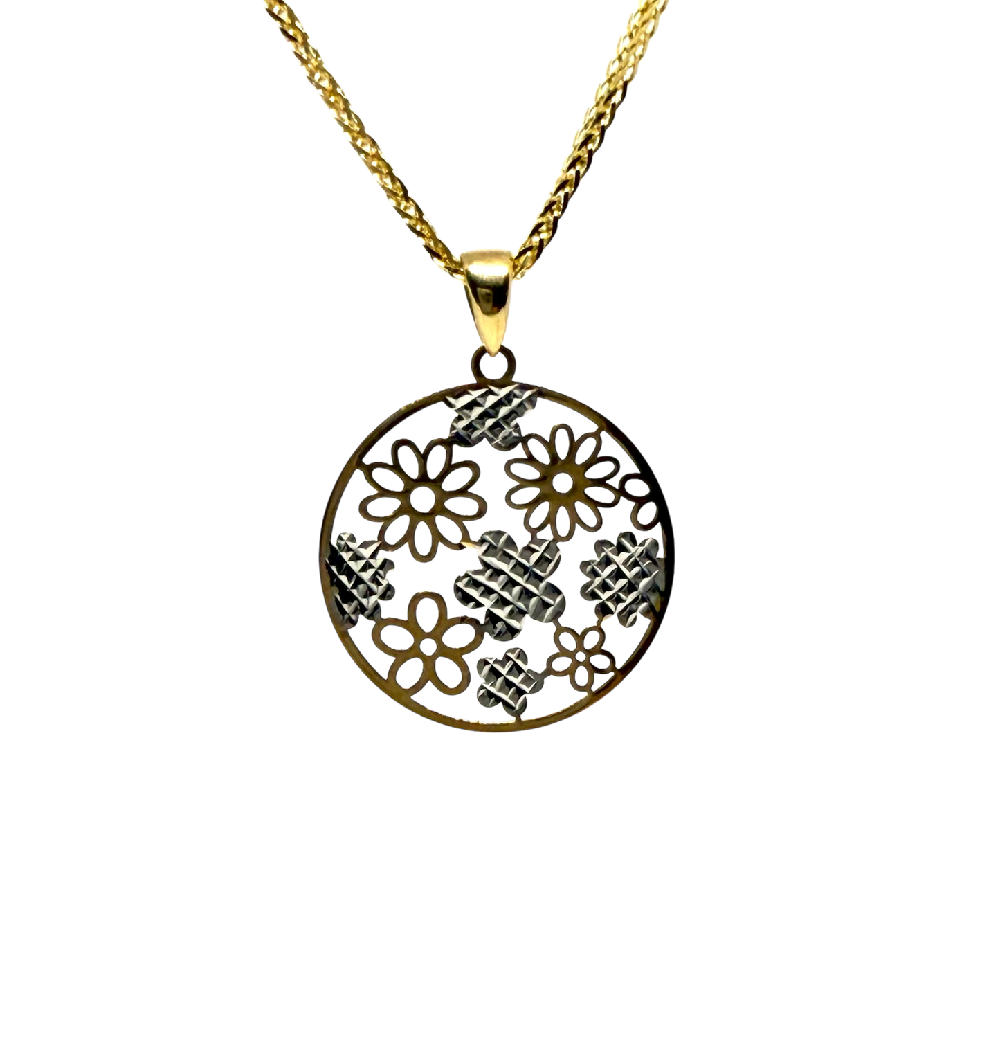 14K Solid Gold Circular Floral Pendant
