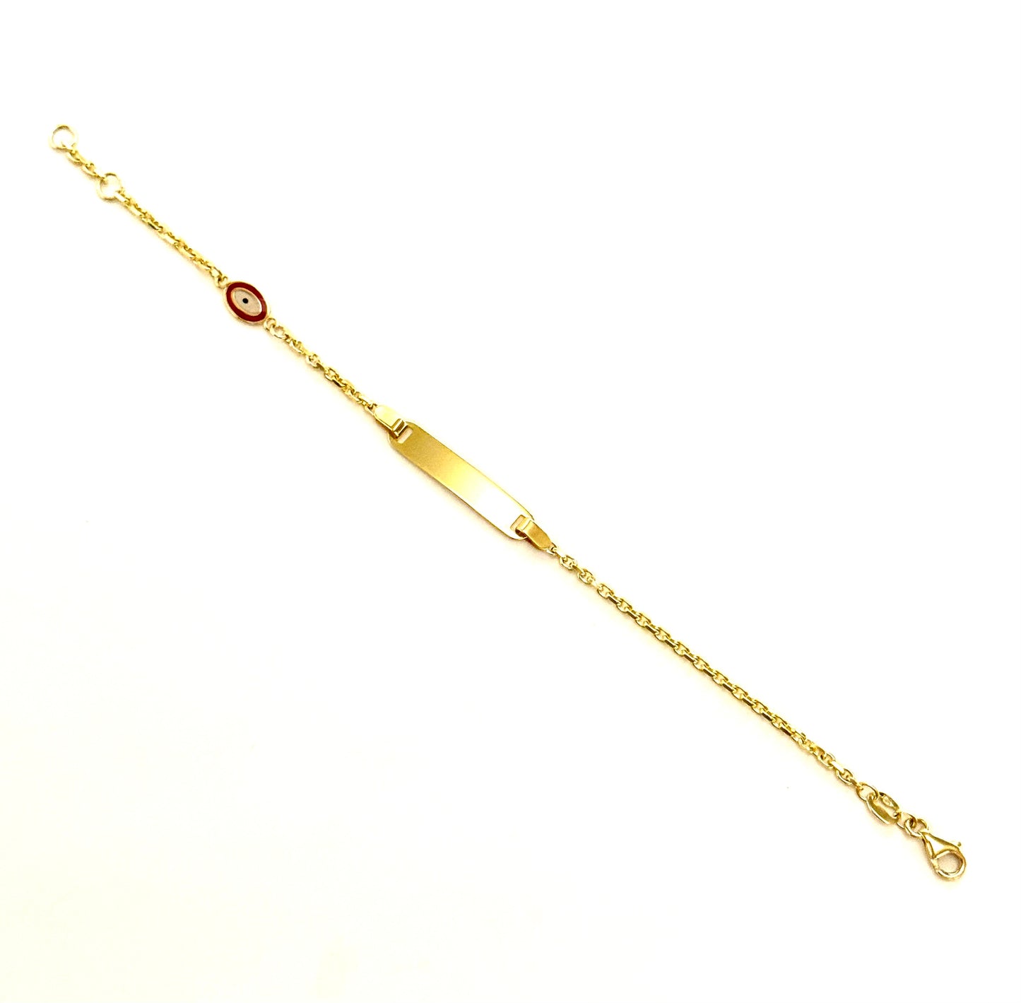 14K Solid Gold Cable Chain ID Bracelet with Red Evil Eye Accent (Free Engraving)