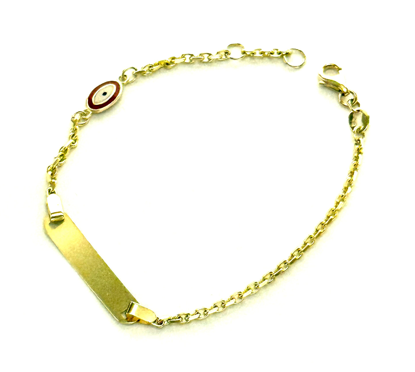 14K Solid Gold Cable Chain ID Bracelet with Red Evil Eye Accent (Free Engraving)