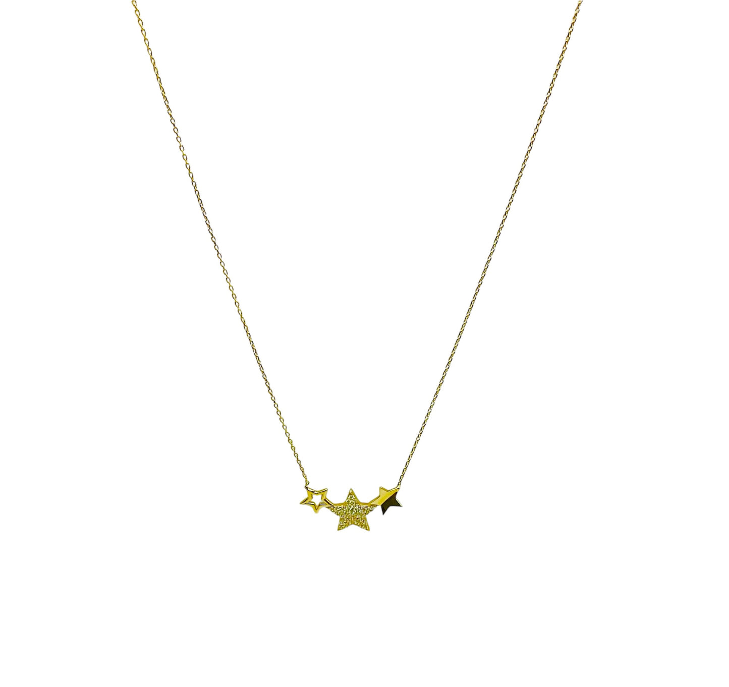 14K Solid Yellow Gold Three Stars with Cubic Zirconia Necklace