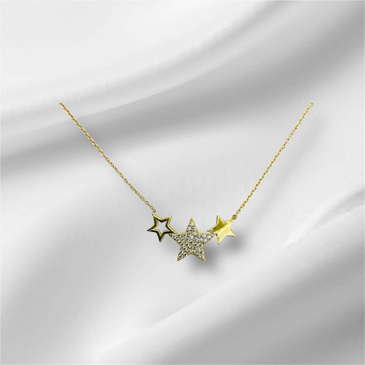 14K Solid Yellow Gold Three Stars with Cubic Zirconia Necklace