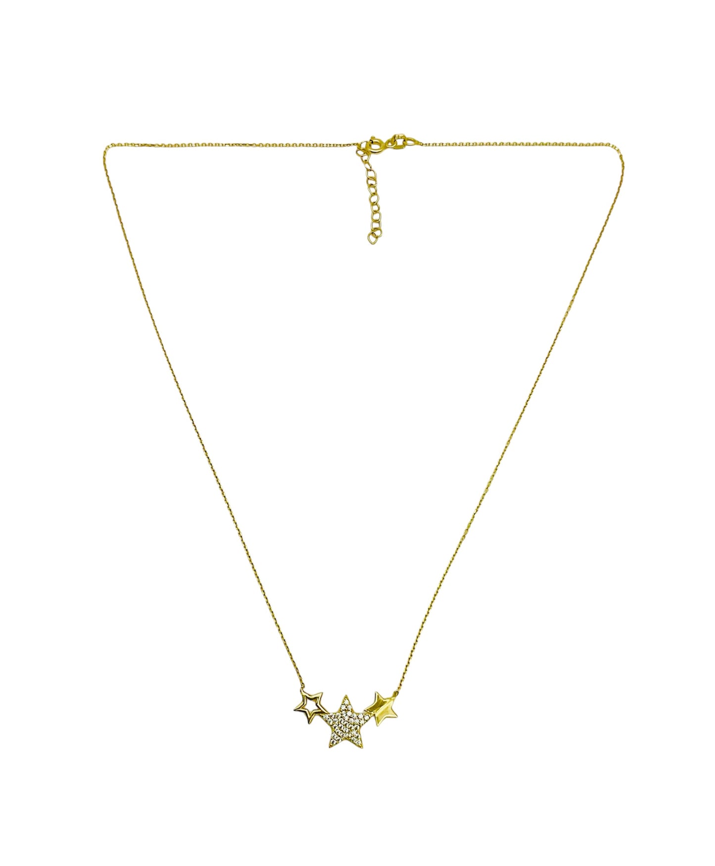 14K Solid Yellow Gold Three Stars with Cubic Zirconia Necklace