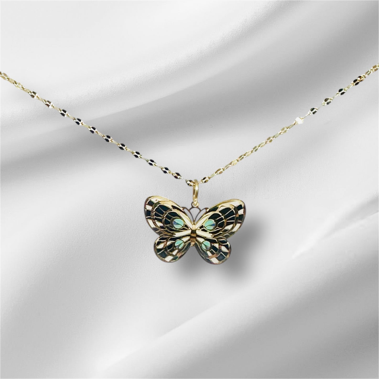 14K Solid Gold Medium Enameled Butterfly Pendant