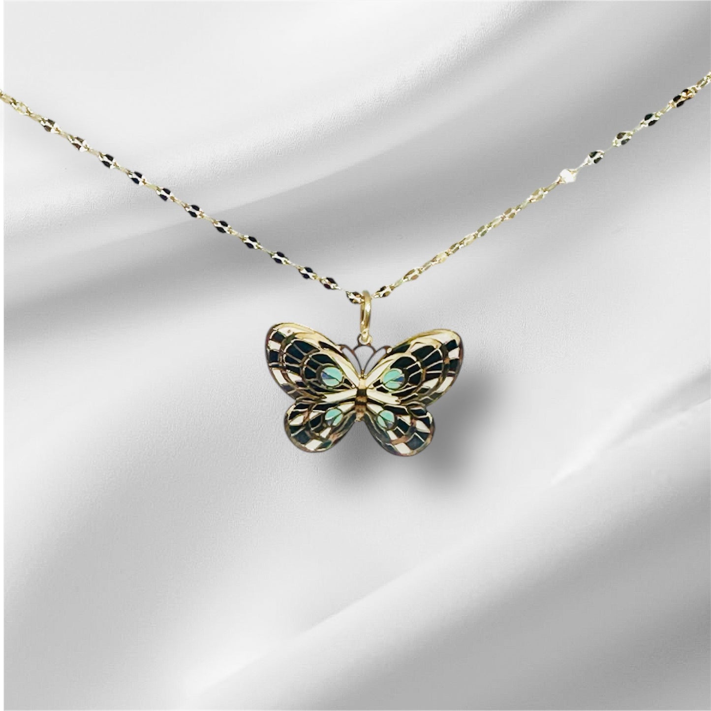14K Solid Gold Medium Enameled Butterfly Pendant